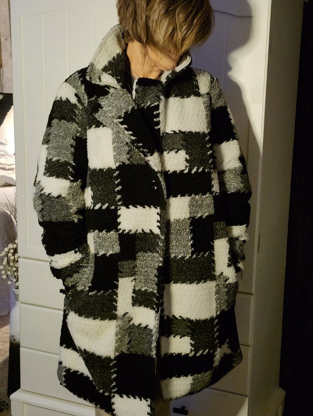 Carre Noir Plaid Teddy Coat - Black & White Faux Shearling Jacket And Wool Sz M